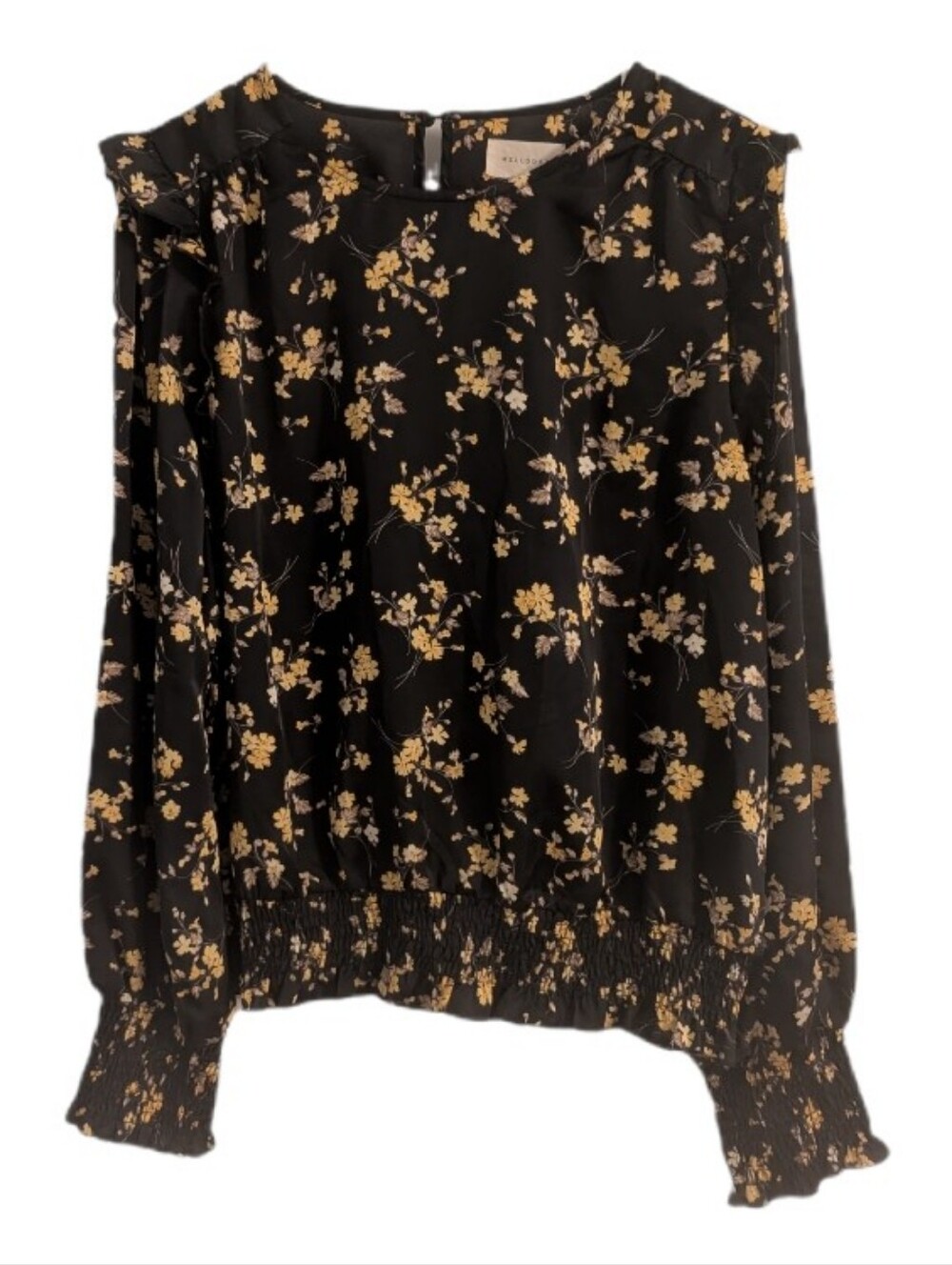 Melloday Black & Yellow Floral Smocked Hem Long Sleeve Top XL